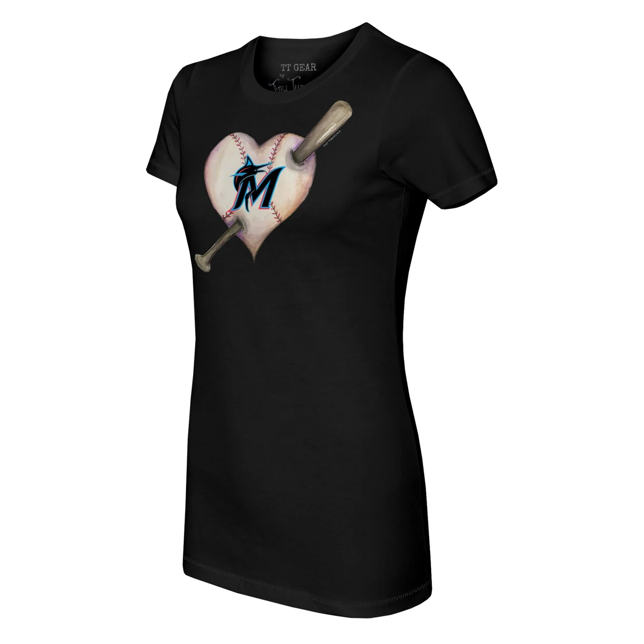 Women's Miami Marlins Tiny Turnip Black Heart Bat T-Shirt - Image 2