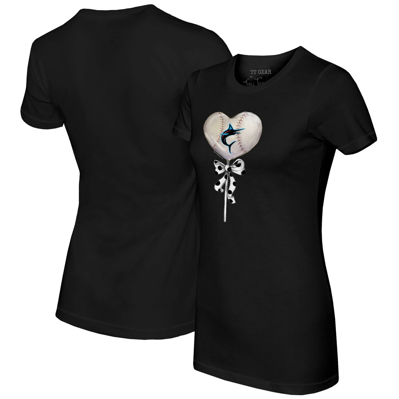 Women's Miami Marlins Tiny Turnip Black Heart Lolly T-Shirt