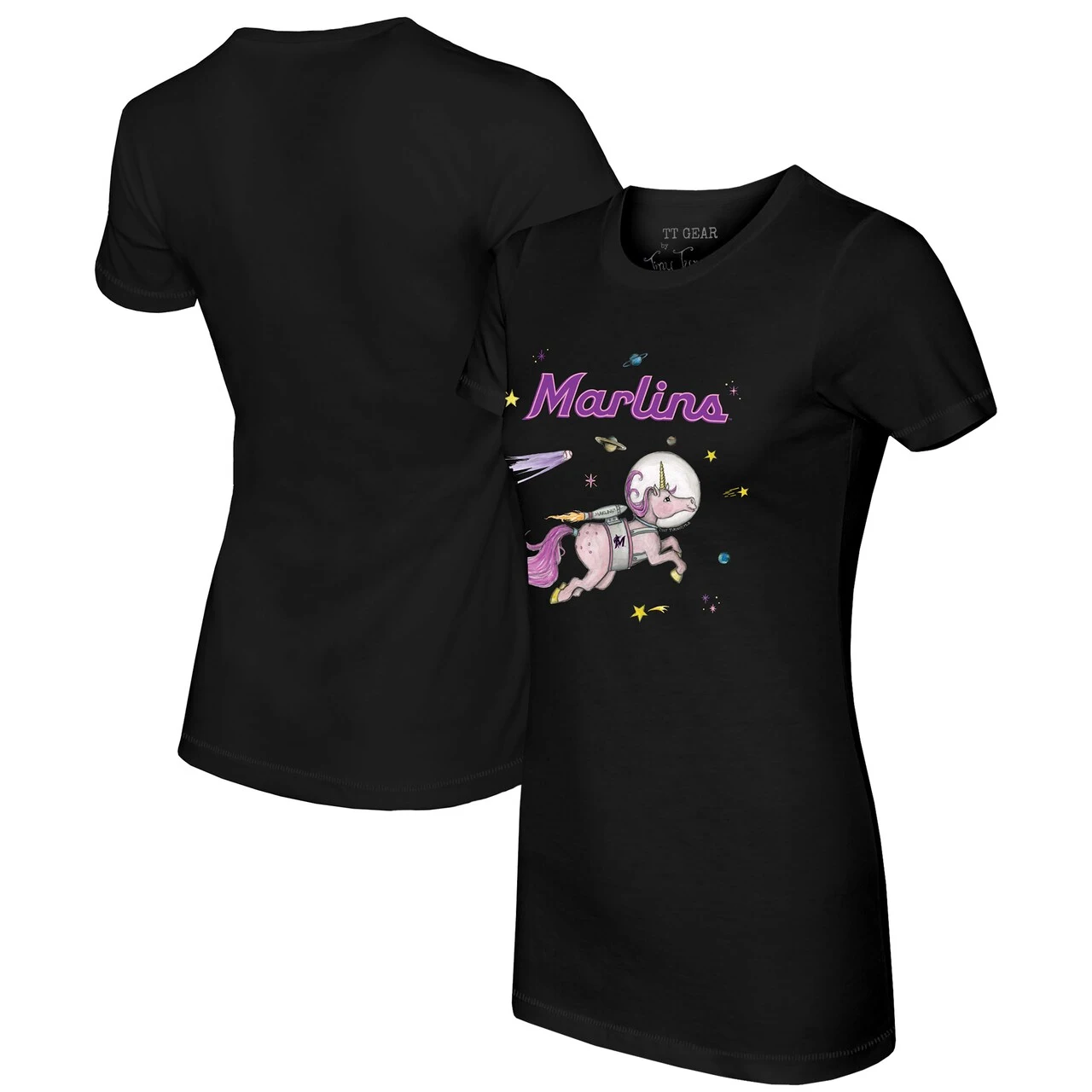 Women's Miami Marlins Tiny Turnip Black Space Unicorn T-Shirt