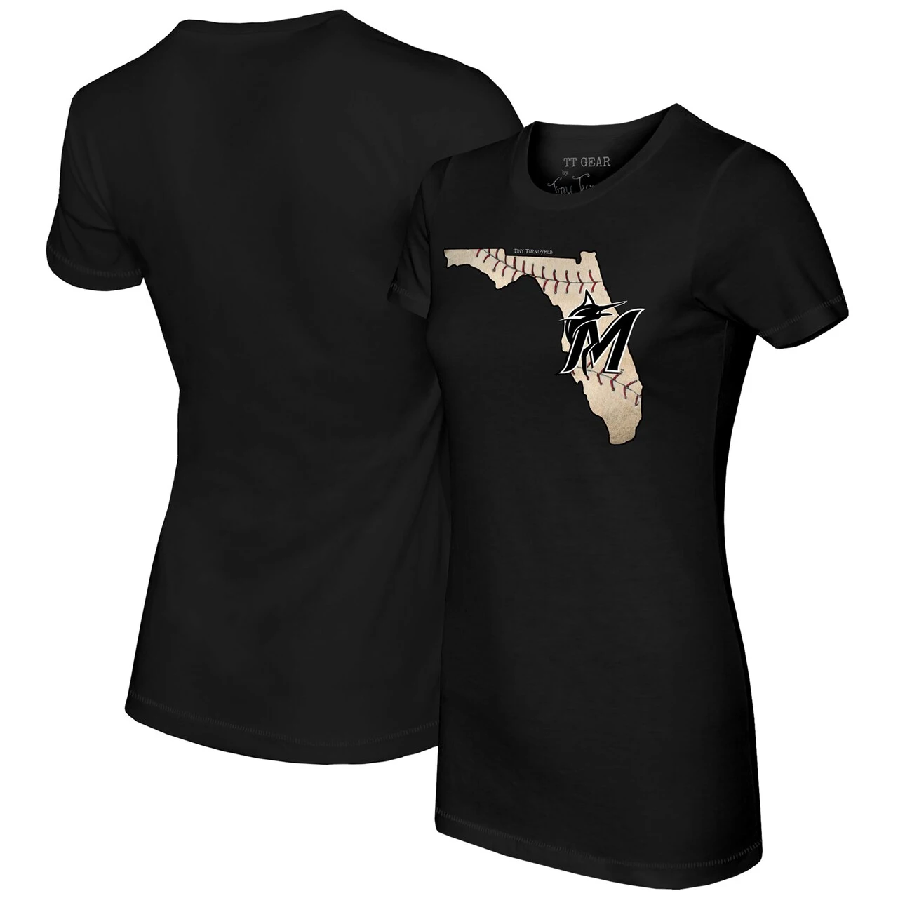 Women's Miami Marlins Tiny Turnip Black State Outline T-Shirt