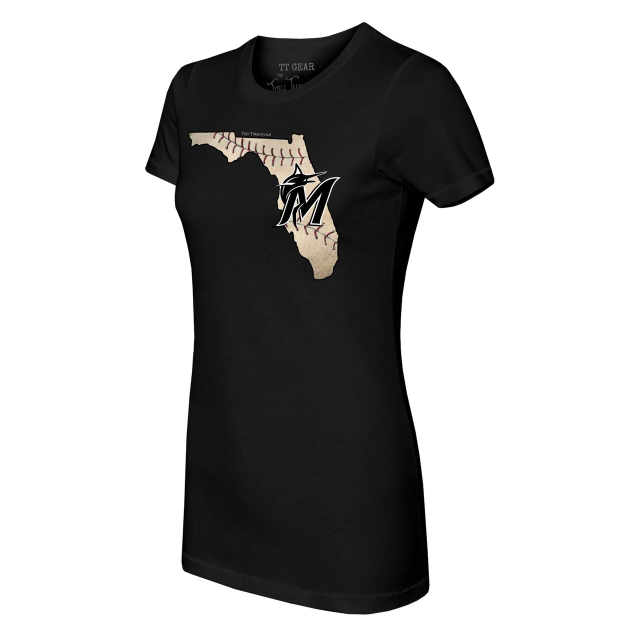 Women's Miami Marlins Tiny Turnip Black State Outline T-Shirt - Image 2