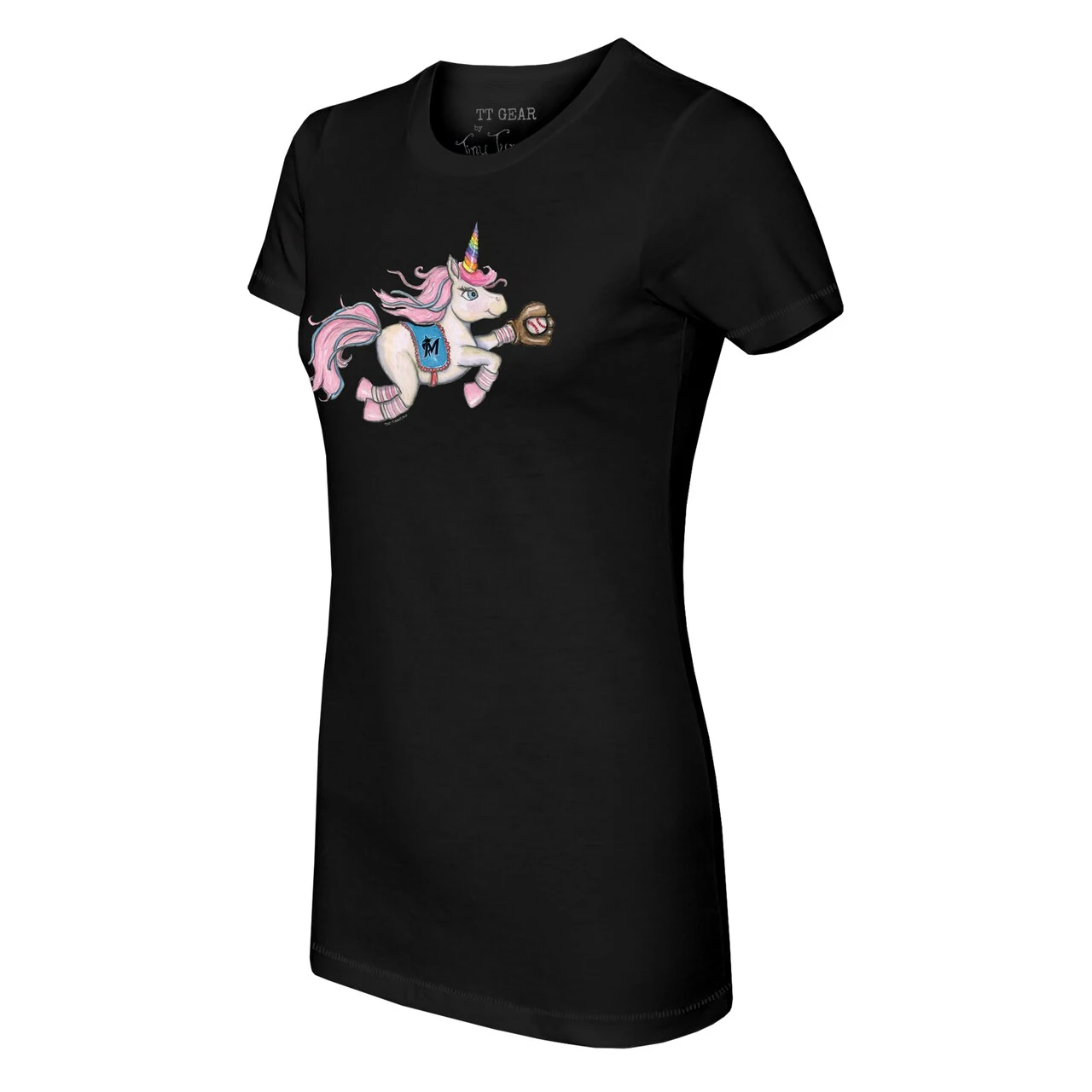 Women's Miami Marlins Tiny Turnip Black Unicorn T-Shirt - Image 2