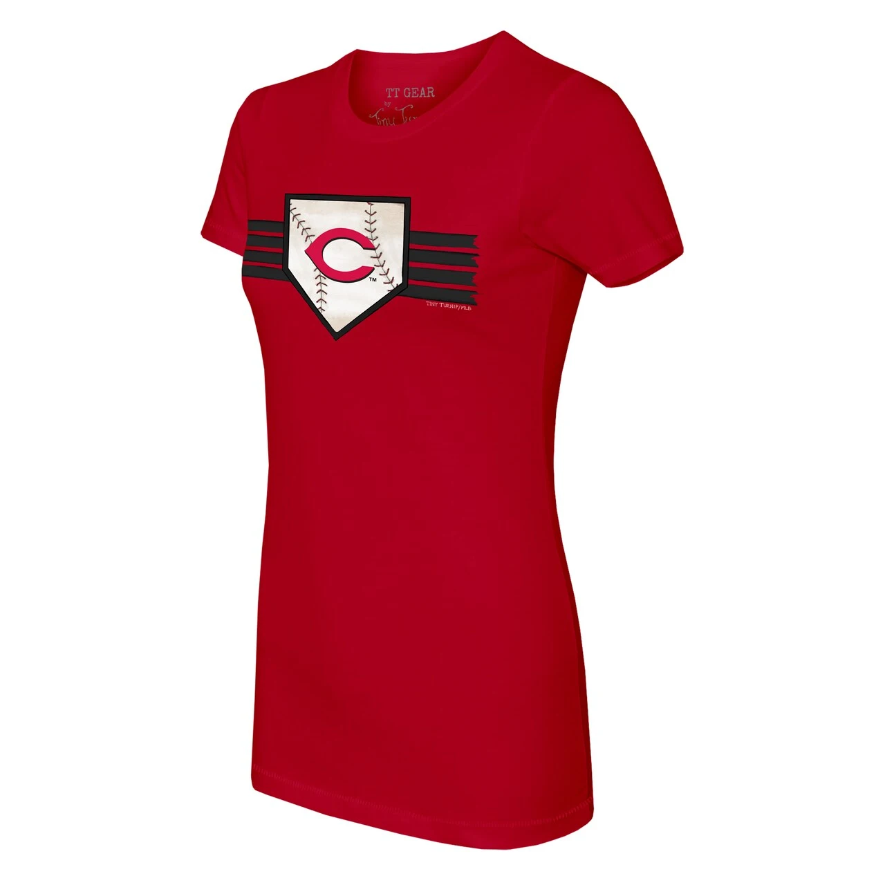 Women's Cincinnati Reds Tiny Turnip Red Base Stripe T-Shirt - Image 2