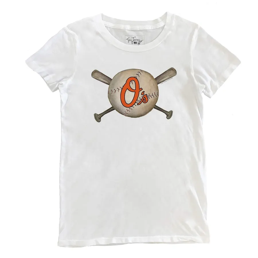 Women's Baltimore Orioles Tiny Turnip White Baseball Crossbats T-Shirt