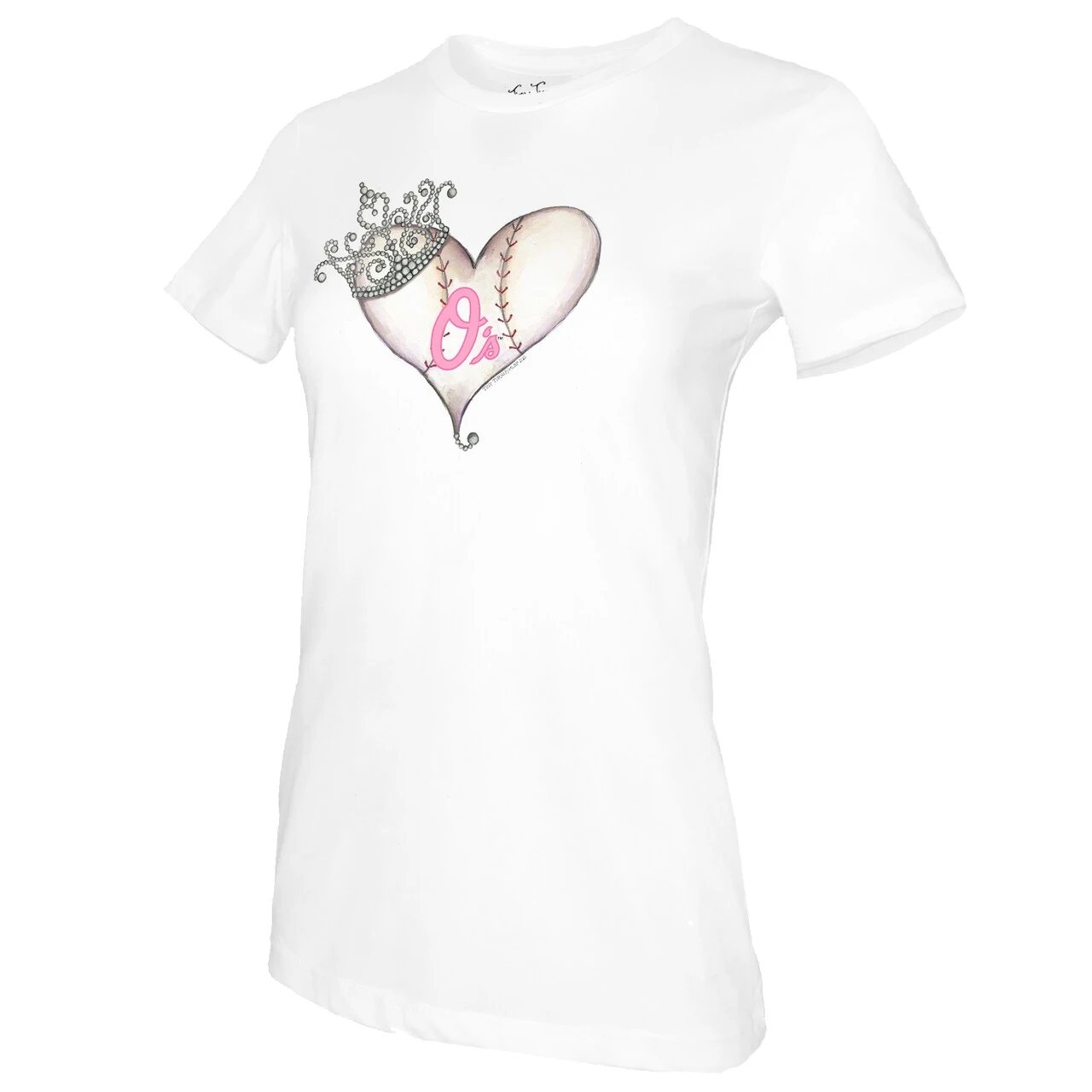 Women's Baltimore Orioles Tiny Turnip White Baseball Tiara Heart T-Shirt - Image 2