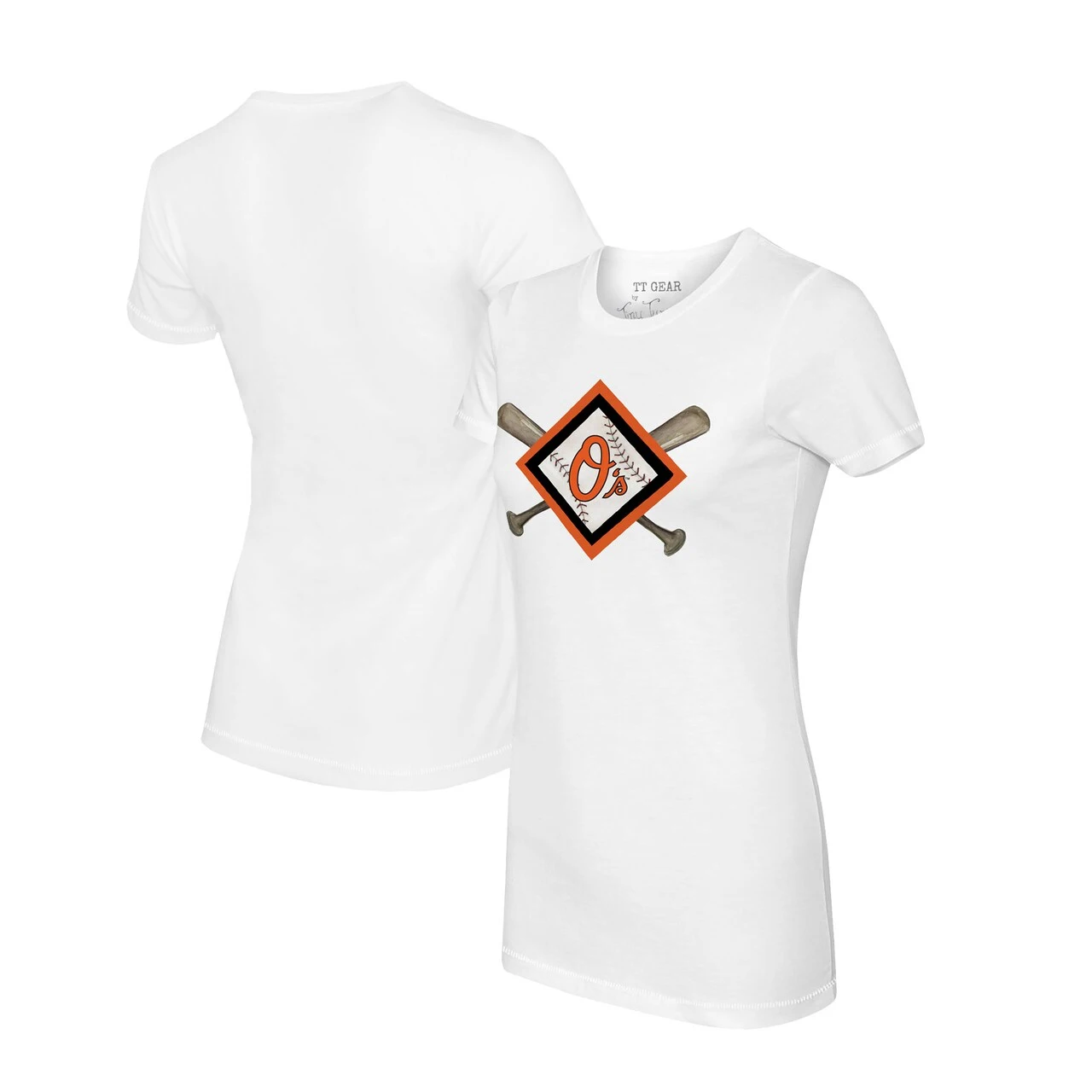 Women's Baltimore Orioles Tiny Turnip White Diamond Cross Bats T-Shirt