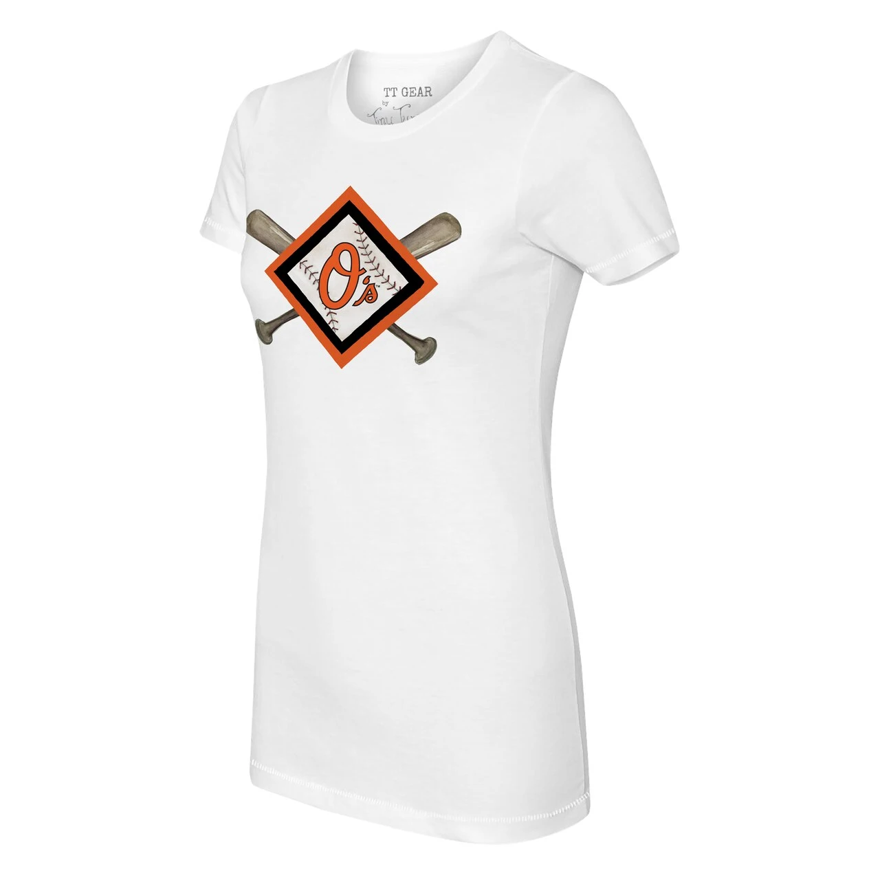 Women's Baltimore Orioles Tiny Turnip White Diamond Cross Bats T-Shirt - Image 2