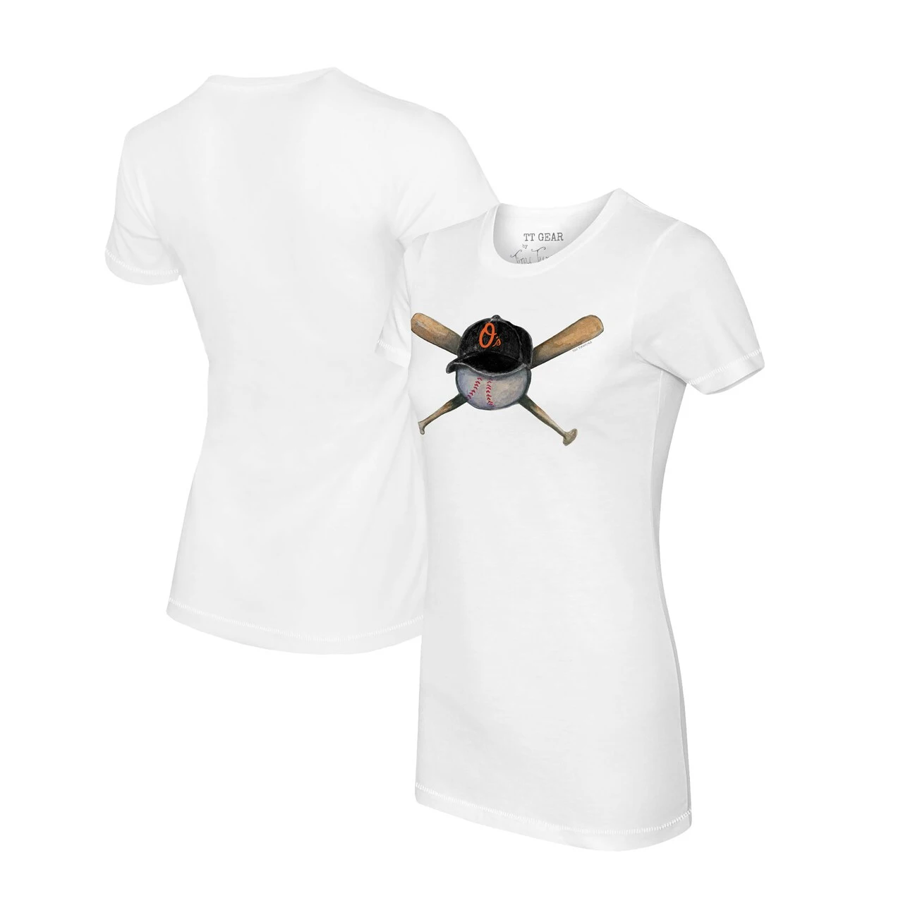 Women's Baltimore Orioles Tiny Turnip White Hat Crossbats T-Shirt