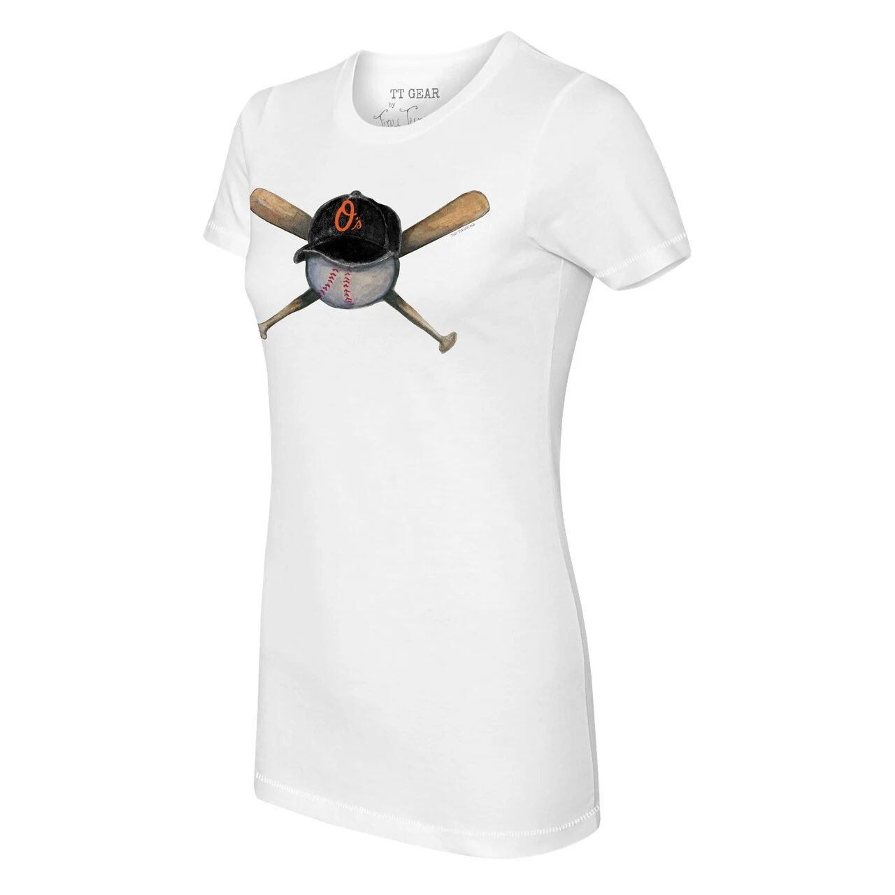 Women's Baltimore Orioles Tiny Turnip White Hat Crossbats T-Shirt - Image 2