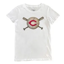 Women's Cincinnati Reds Tiny Turnip White Baseball Crossbats T-Shirt