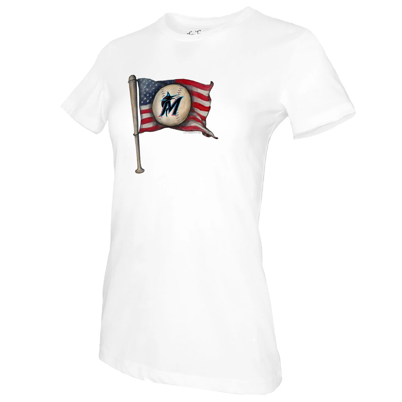 Women's Miami Marlins Tiny Turnip White Baseball Flag T-Shirt - Image 2