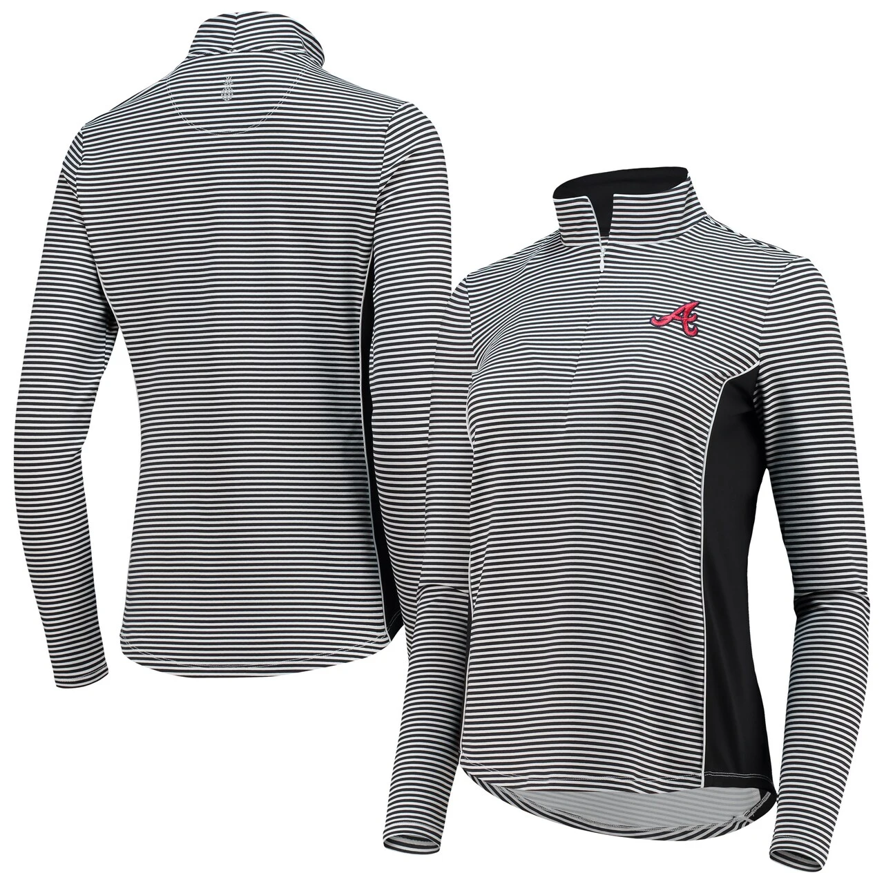 Women's Atlanta Braves Tommy Bahama Black Aubrey Stripe Block IslandZone Half-Zip Jacket