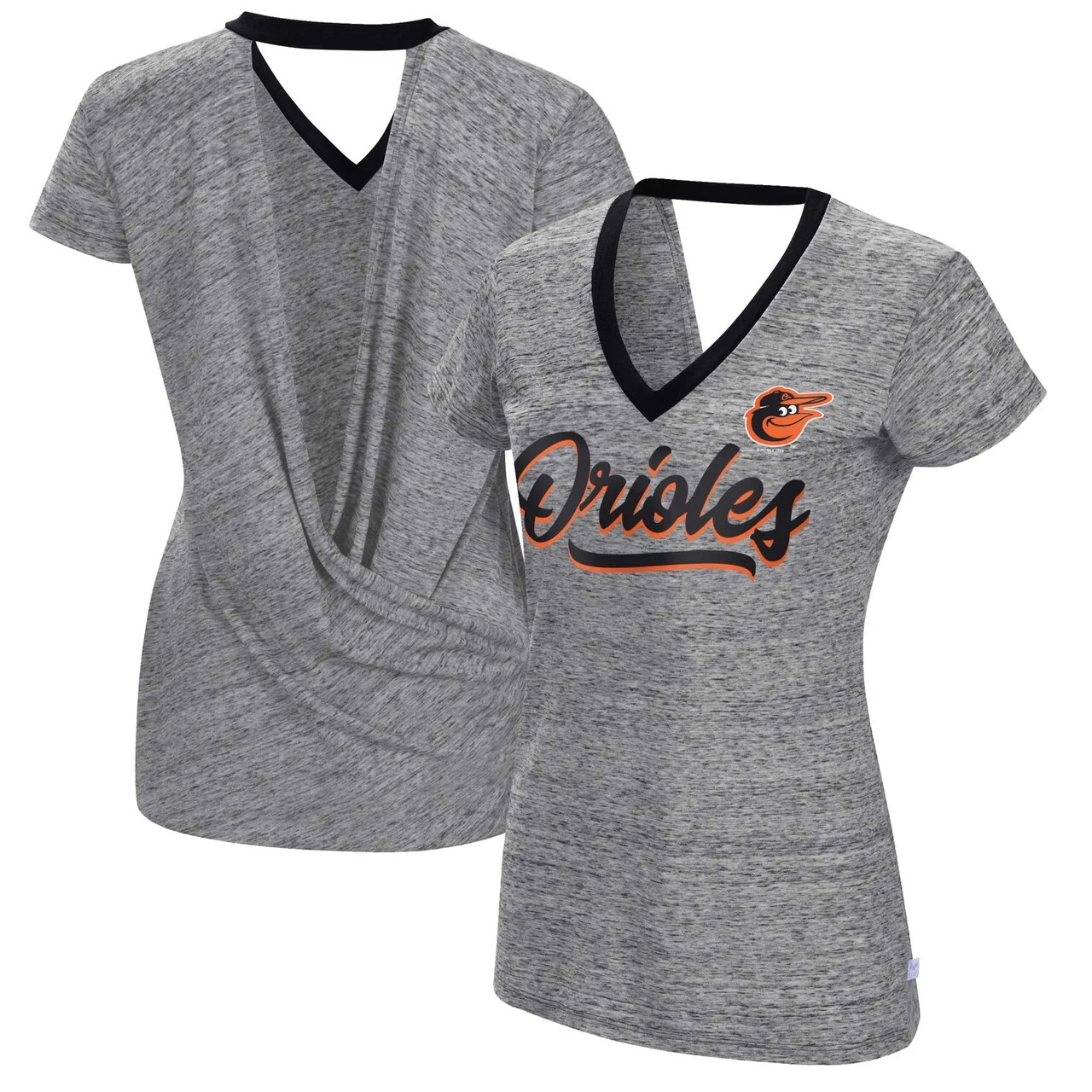 Women's Baltimore Orioles Touch Black Halftime Back Wrap Top V-Neck T-Shirt