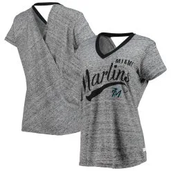 Women's Miami Marlins Touch Black Hail Mary Back Wrap Space-Dye V-Neck T-Shirt
