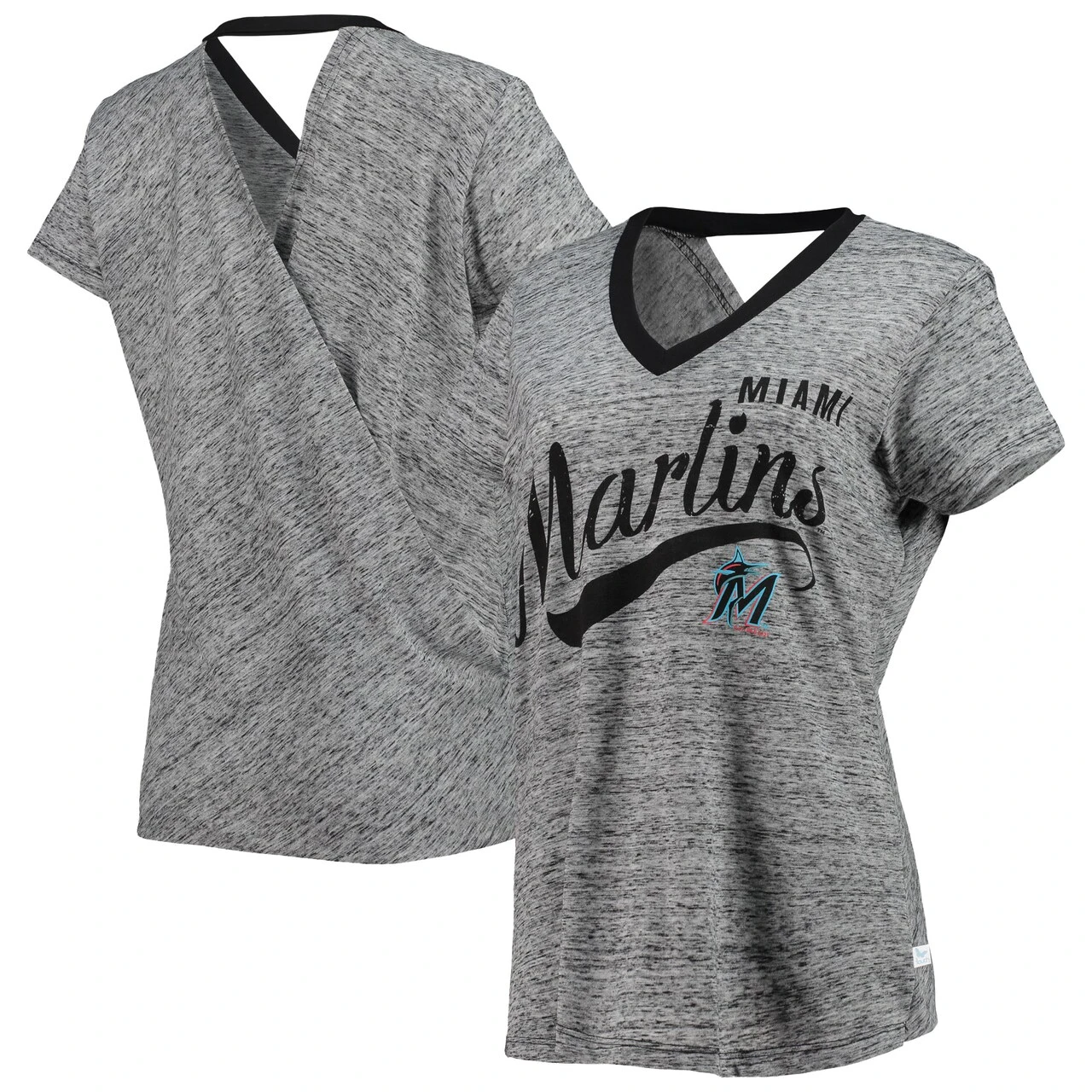 Women's Miami Marlins Touch Black Hail Mary Back Wrap Space-Dye V-Neck T-Shirt