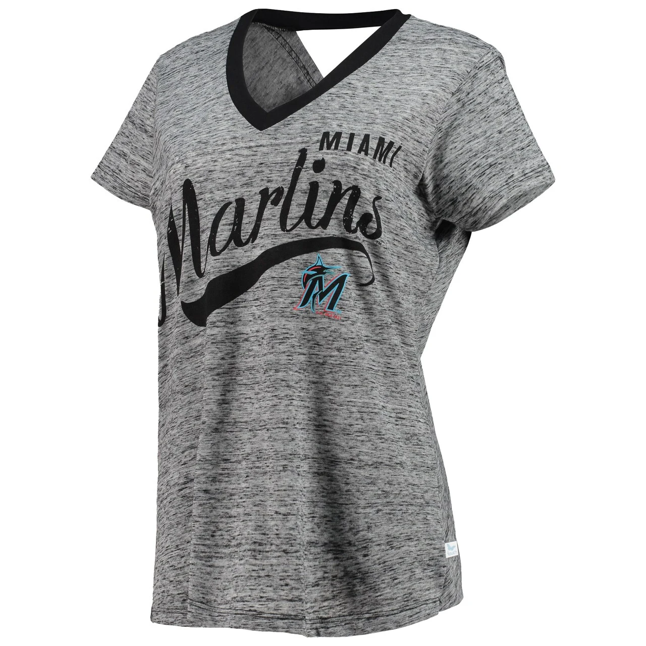 Women's Miami Marlins Touch Black Hail Mary Back Wrap Space-Dye V-Neck T-Shirt - Image 2