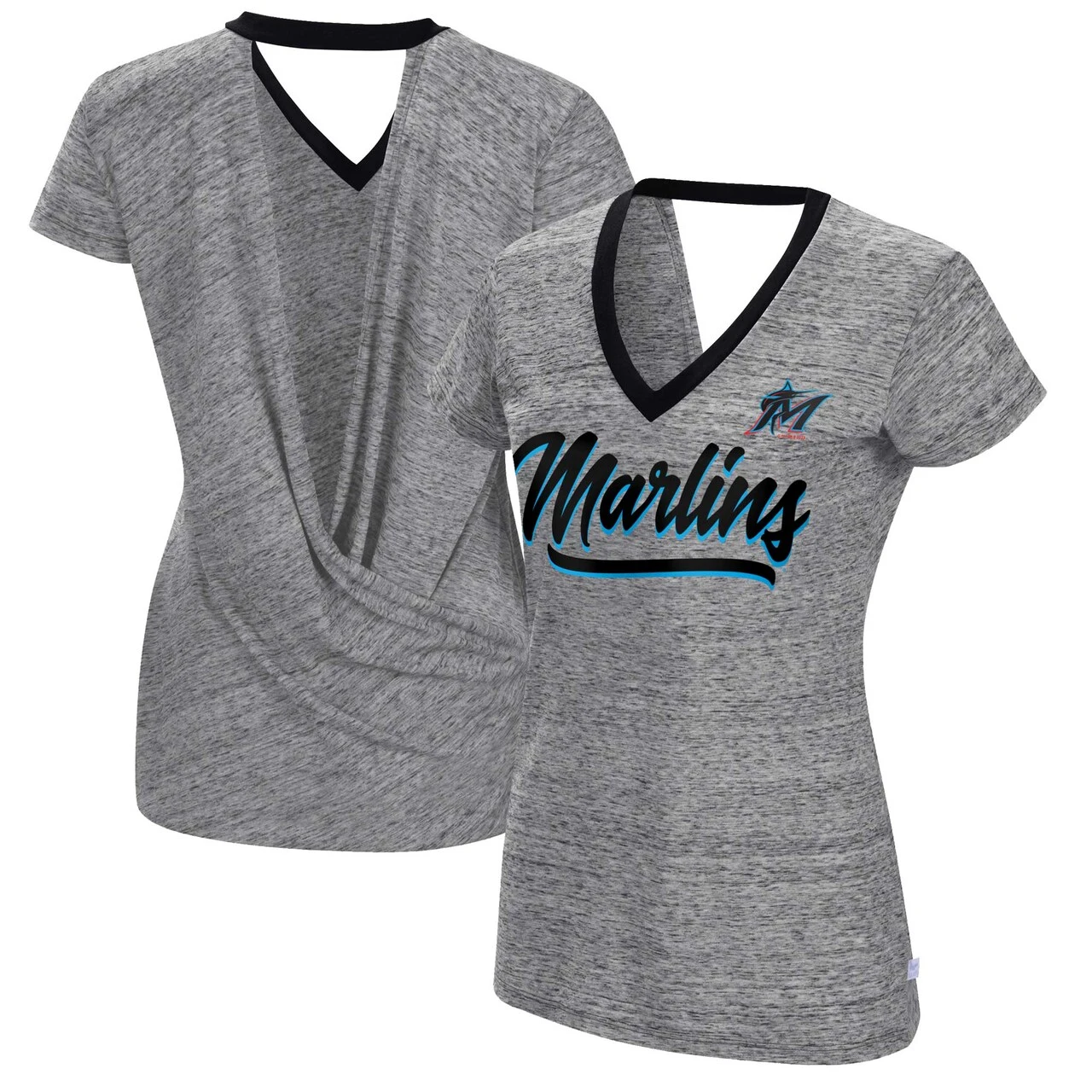 Women's Miami Marlins Touch Black Halftime Back Wrap Top V-Neck T-Shirt