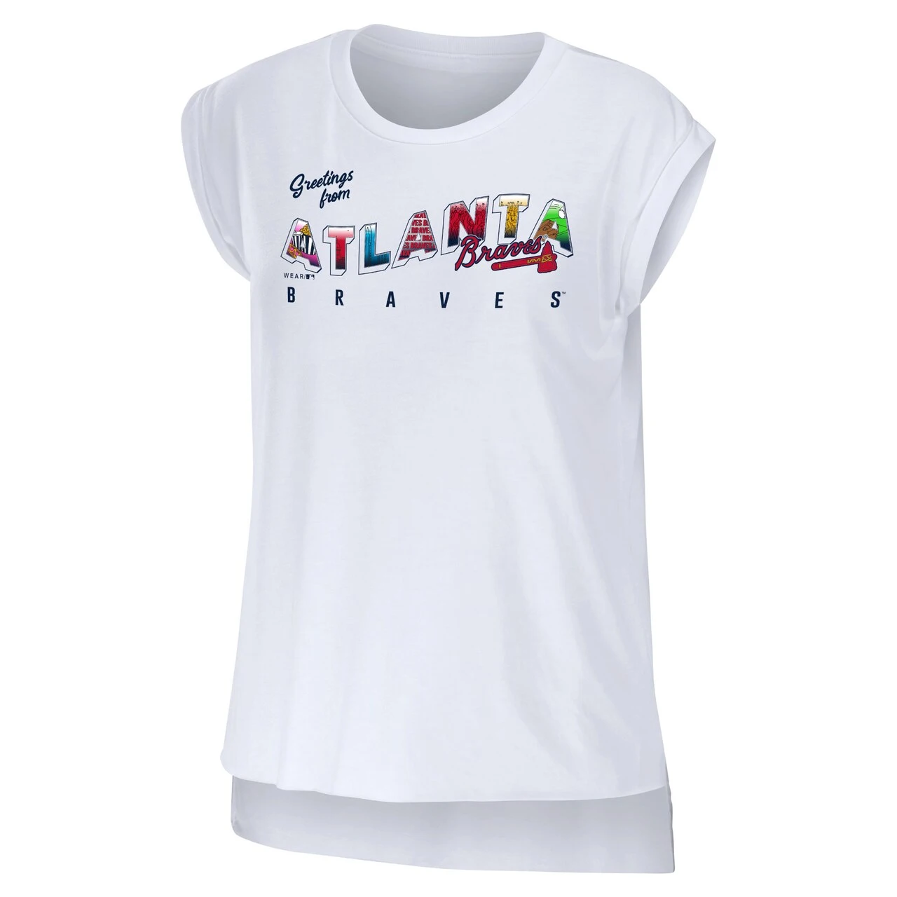 Women's Atlanta Braves WEAR By Erin Andrews White Greetings From T-Shirt - Image 2
